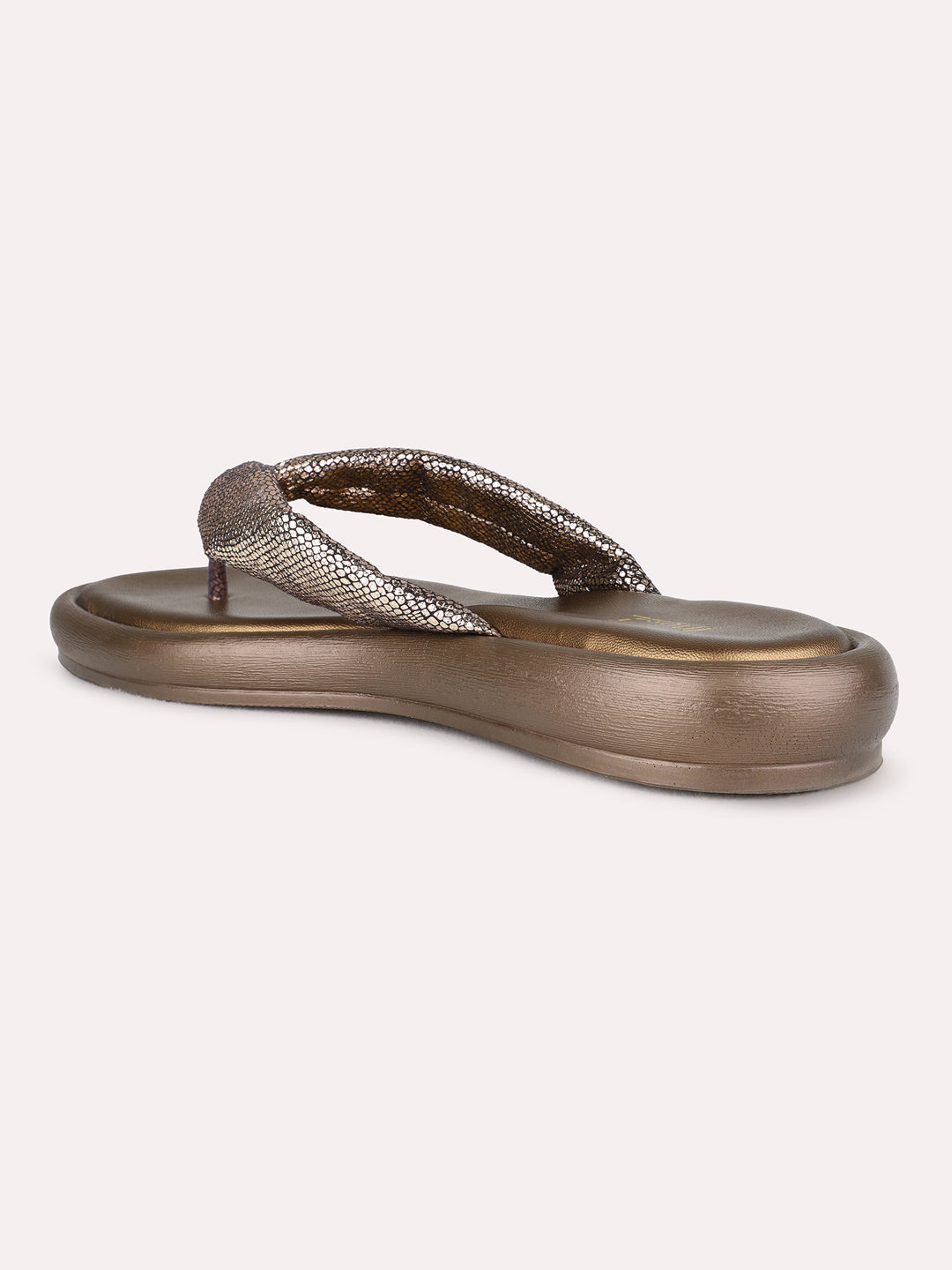 Womens Golden Casual Embellished T-Strap Flat Slip-On Sandals