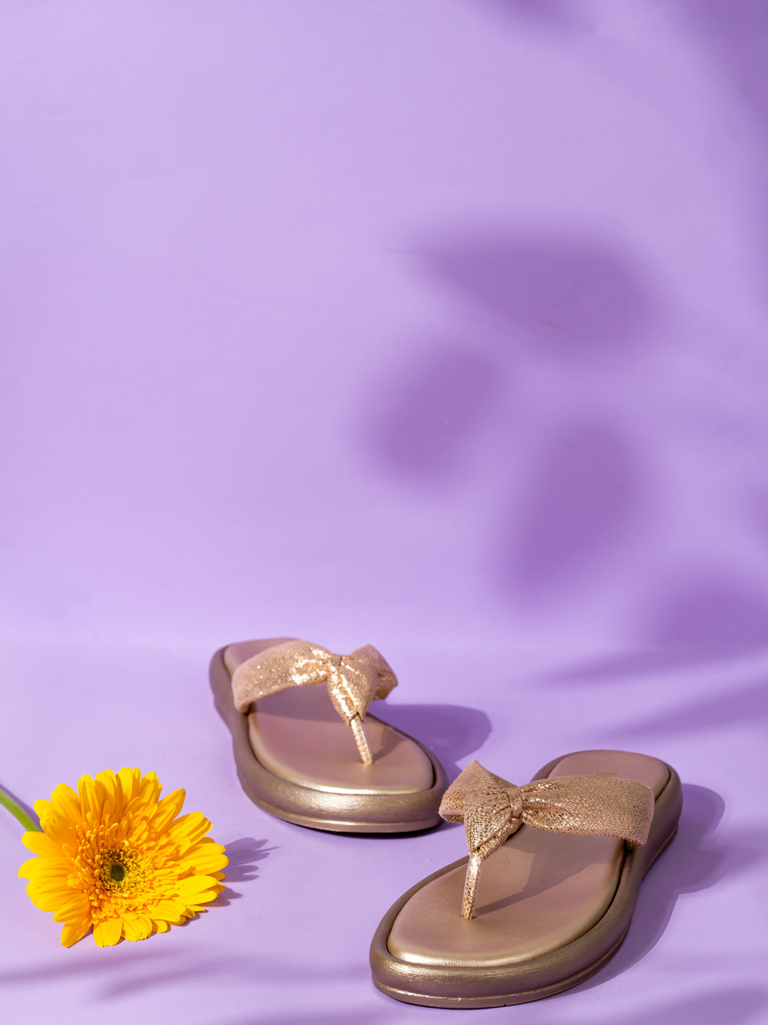 Womens Golden Casual Embellished T-Strap Slip-On Flat Sandals