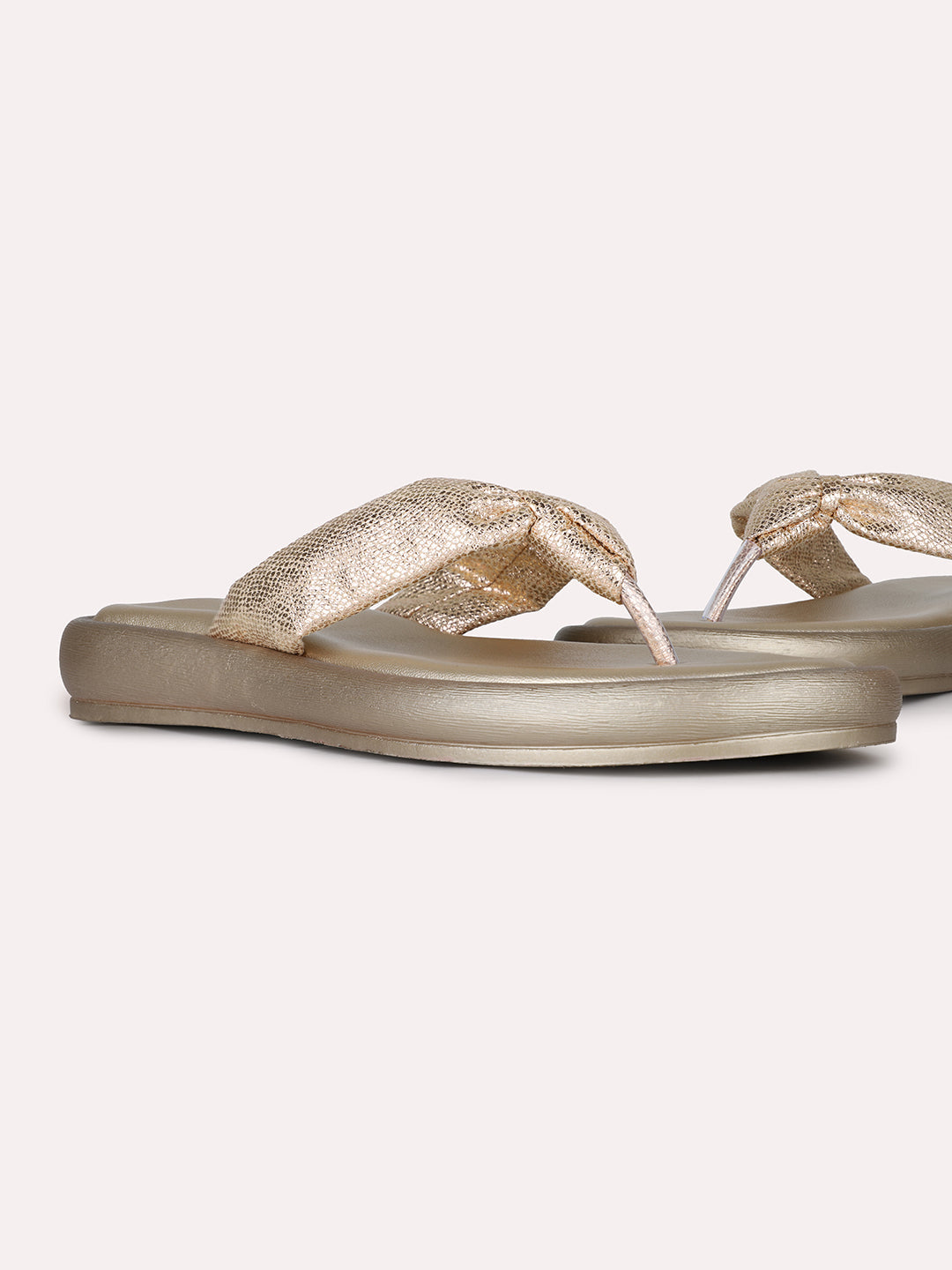 Womens Golden Casual Embellished T-Strap Slip-On Flat Sandals