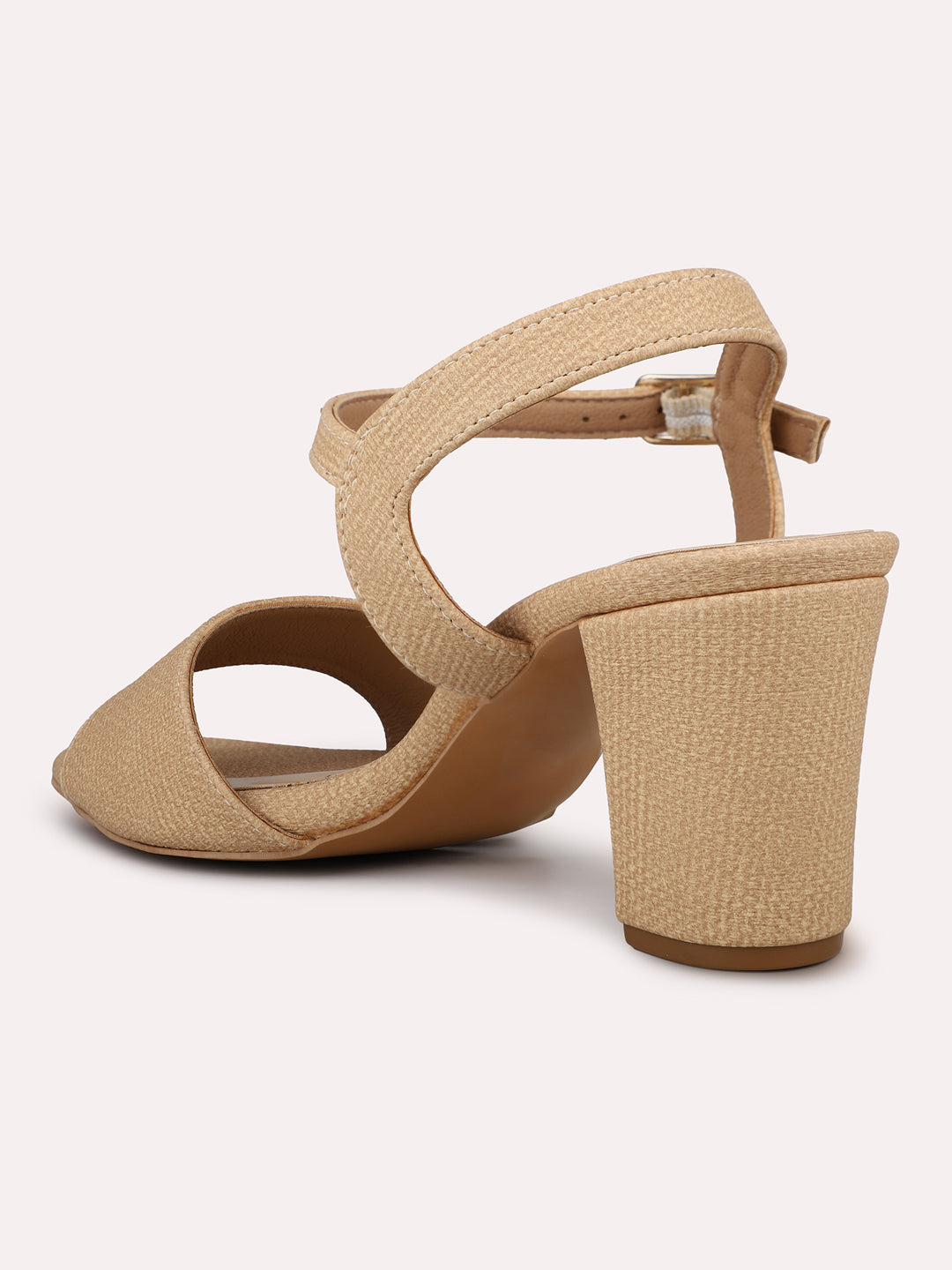 Women Beige Textured Open Toe Block Heels With Buckle Closure