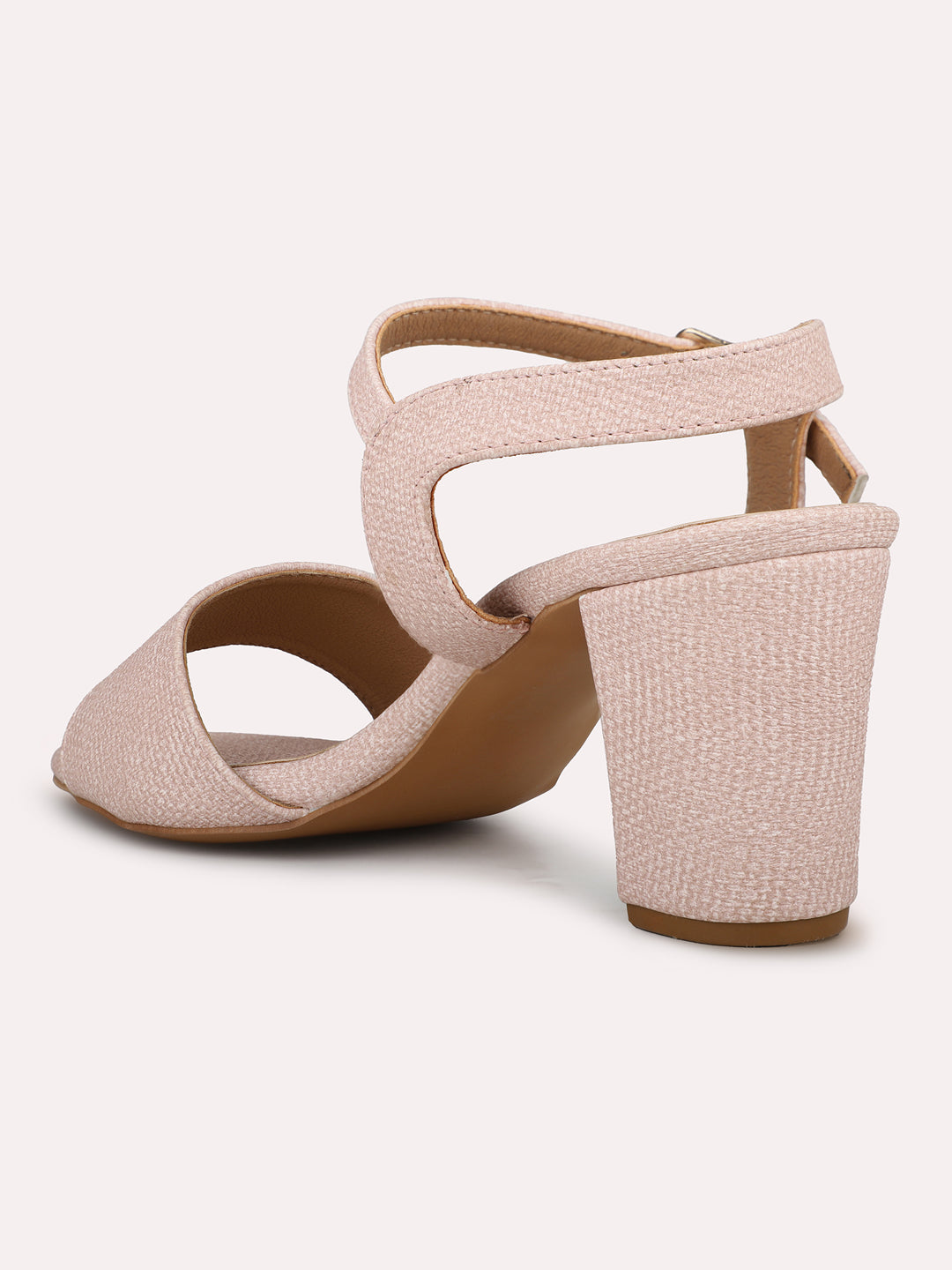 Women Peach Textured Open Toe Block Heels With Buckle Closure