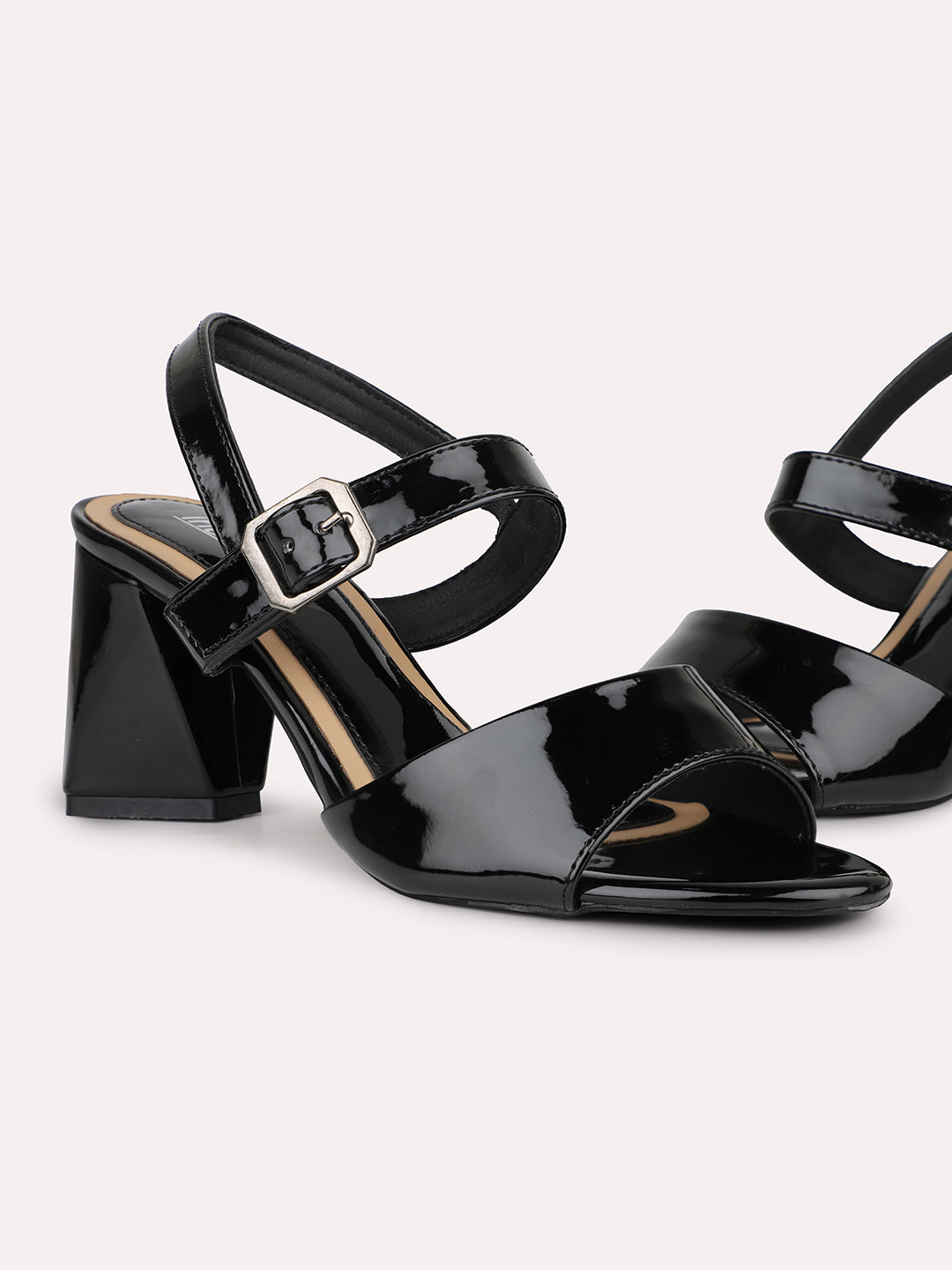 Women Black Party Open Toe Block Heels With Buckle Closure