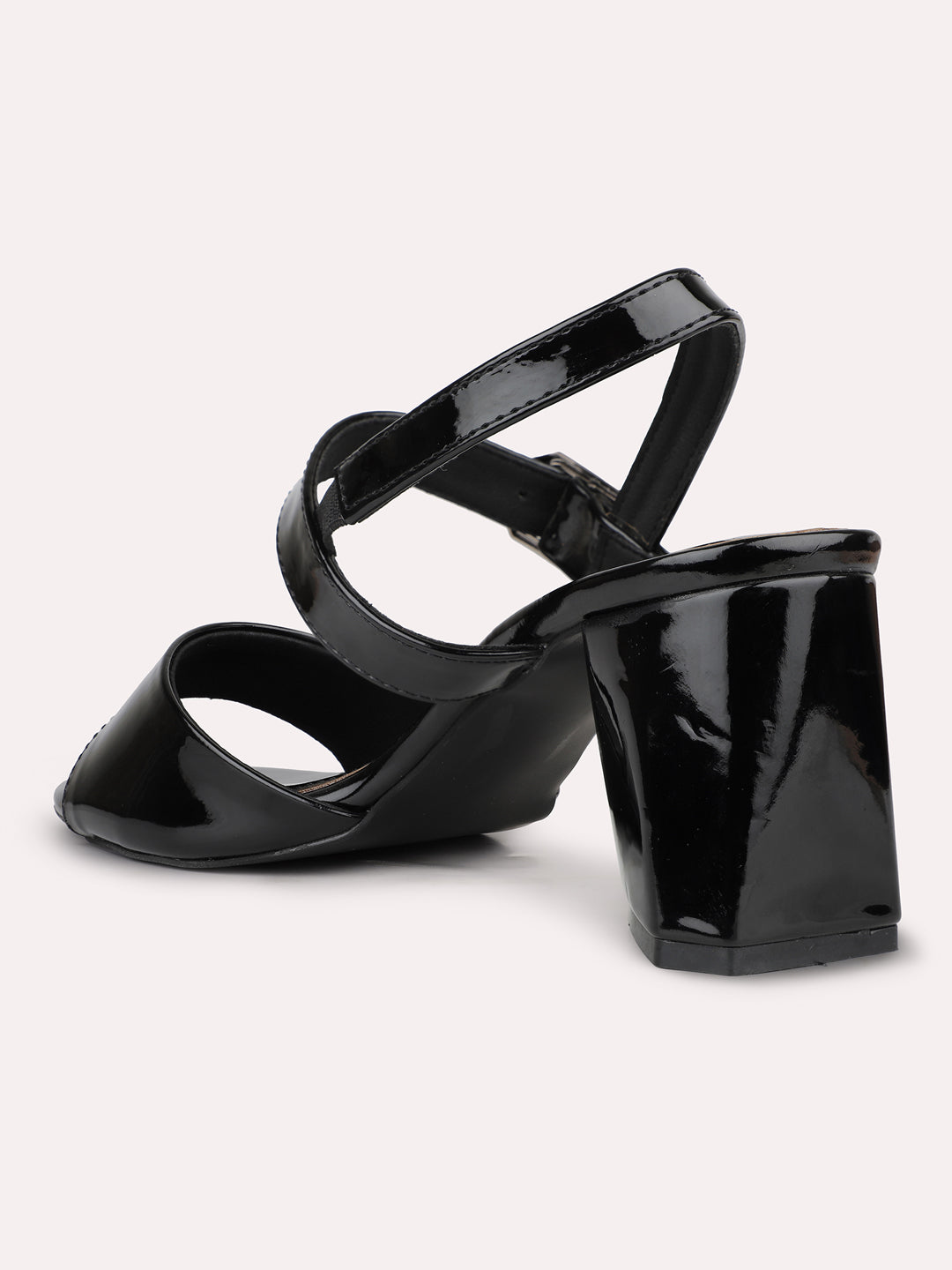 Women Black Party Open Toe Block Heels With Buckle Closure