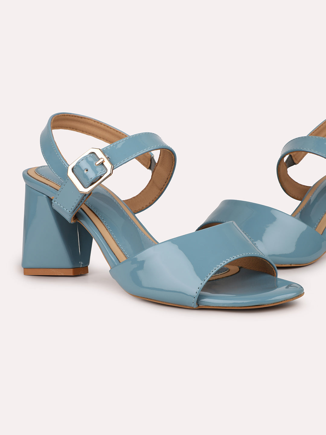 Women Blue Party Open Toe Block Heels With Buckle Closure