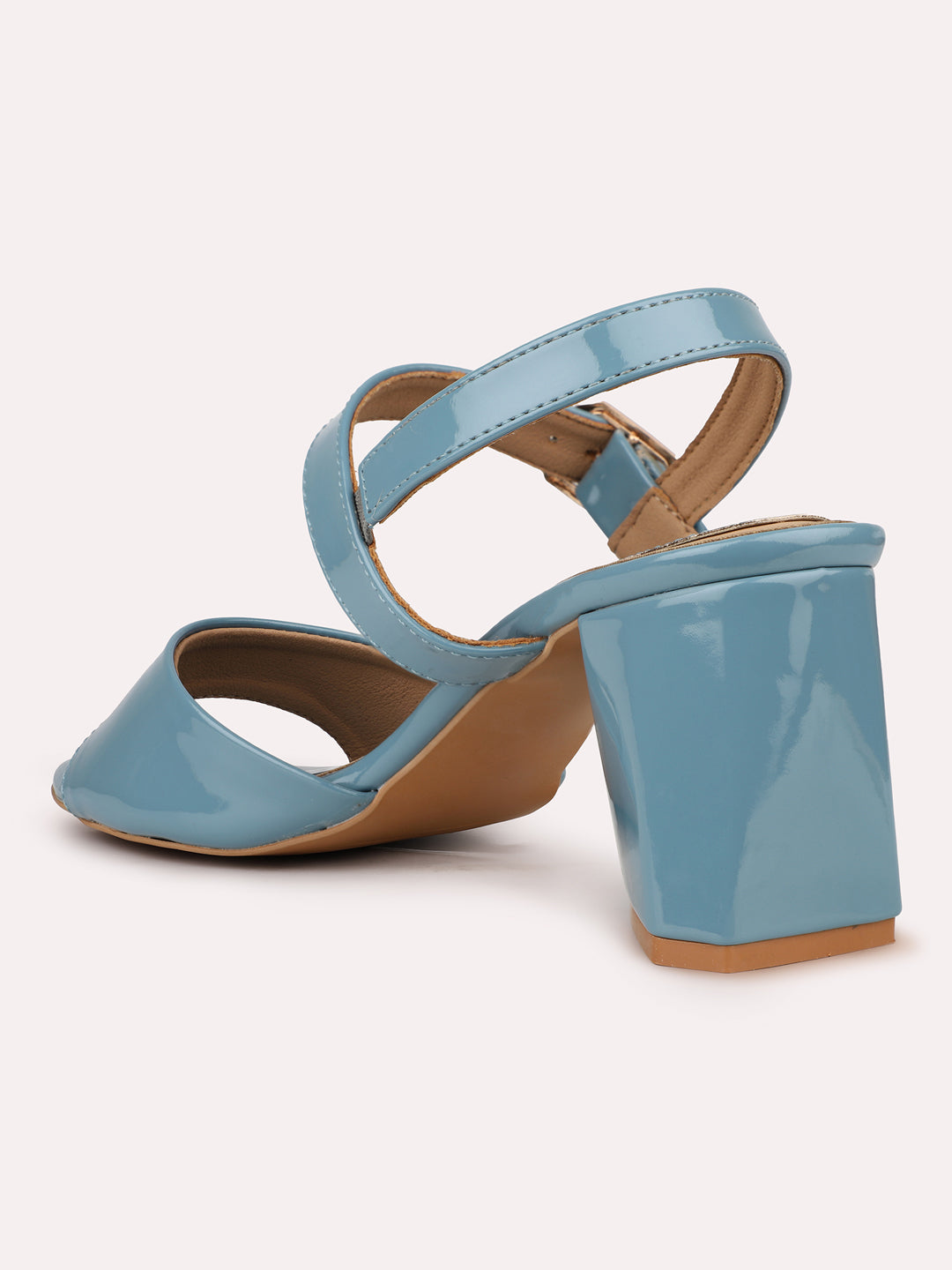 Women Blue Party Open Toe Block Heels With Buckle Closure