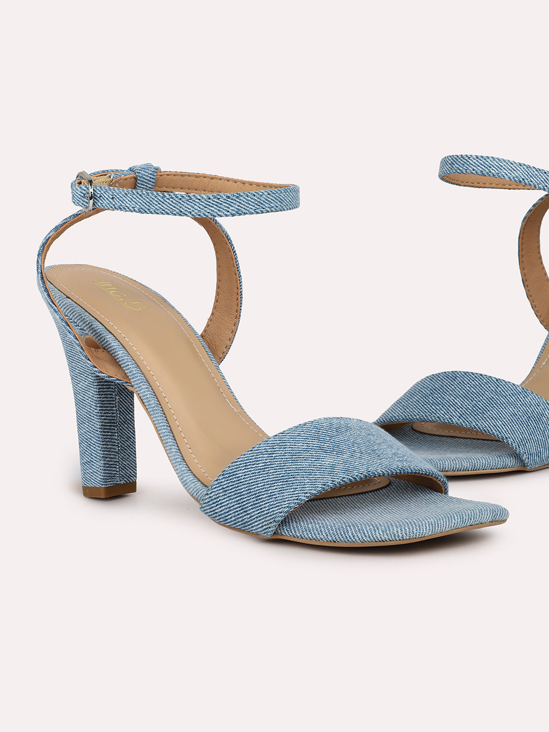 Women Denim Blue Open Toe Suede Ankel Loop Block Heels