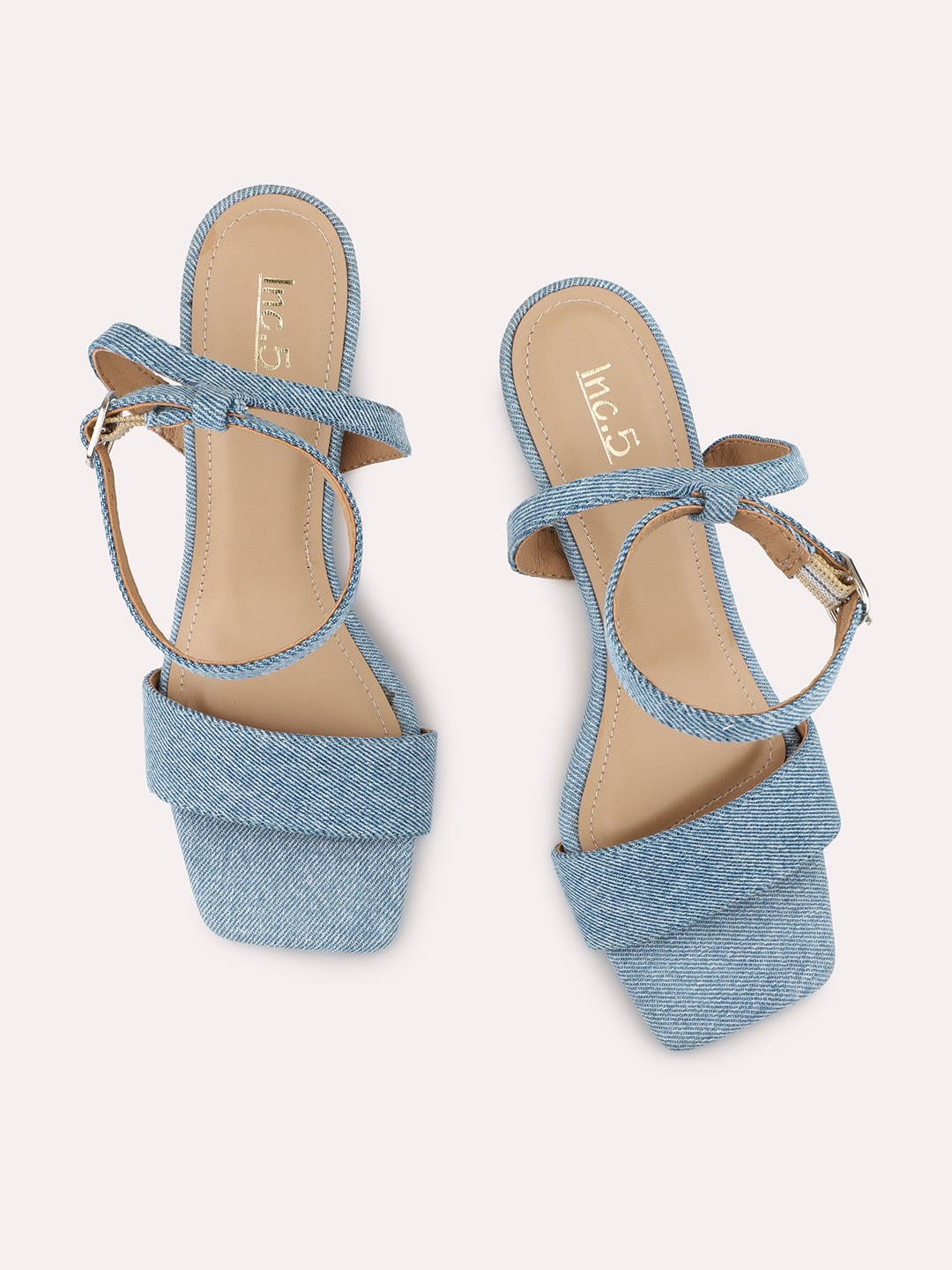 Women Denim Blue Open Toe Suede Ankel Loop Block Heels