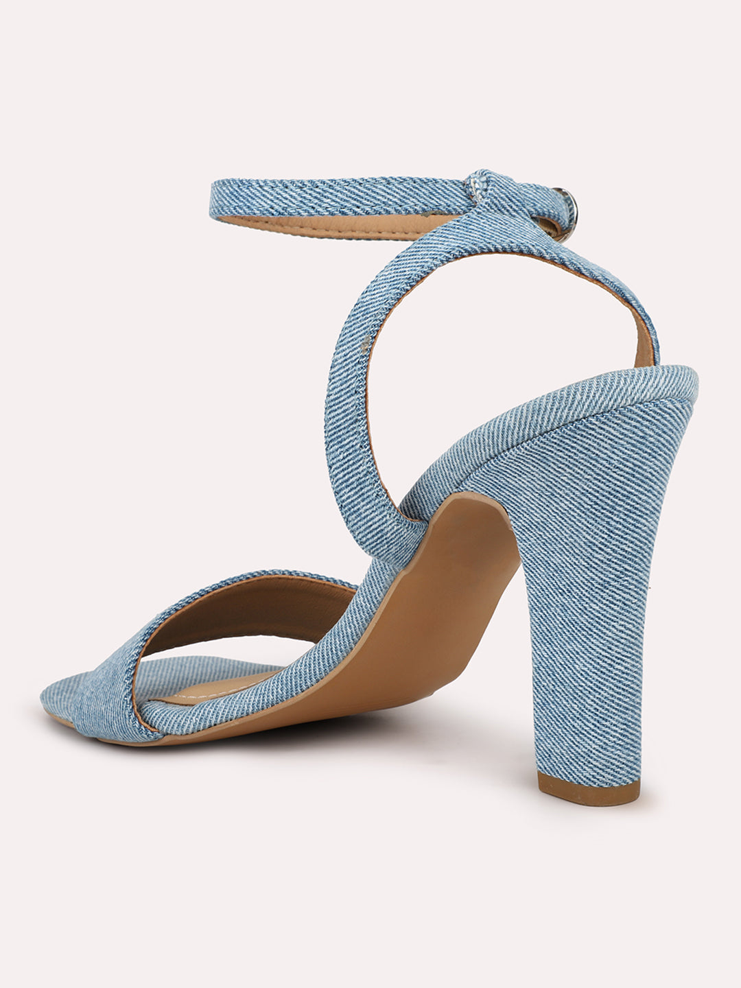 Women Denim Blue Open Toe Suede Ankel Loop Block Heels