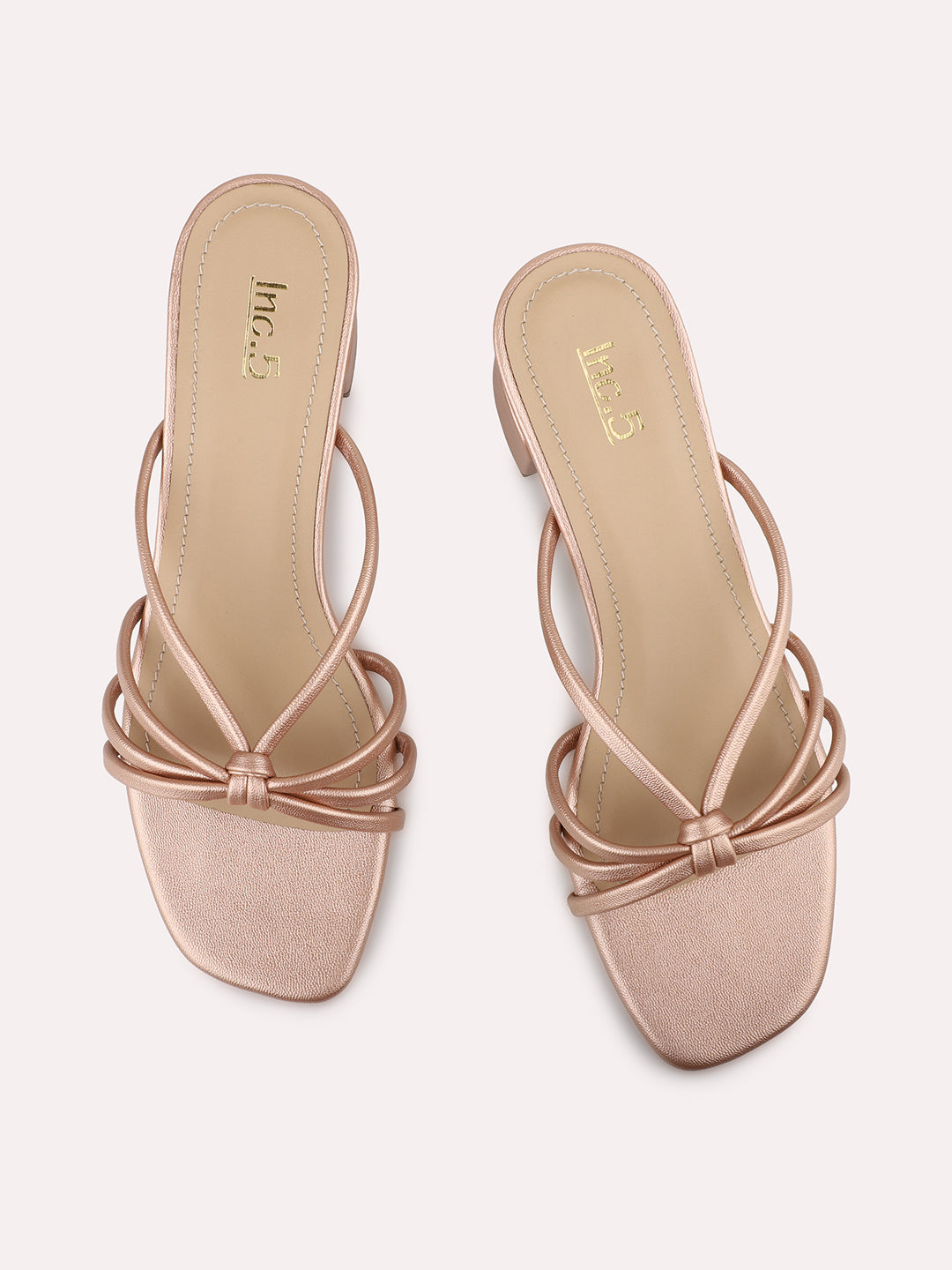 Women Rose Gold Strappy Open Toe Block Heels With Knot Details