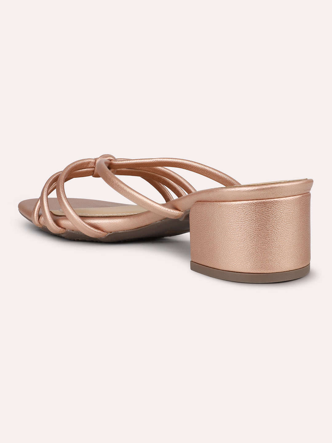 Women Rose Gold Strappy Open Toe Block Heels With Knot Details