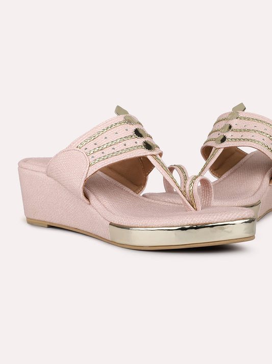 Women Peach Embellished One Toe Wedge Heels