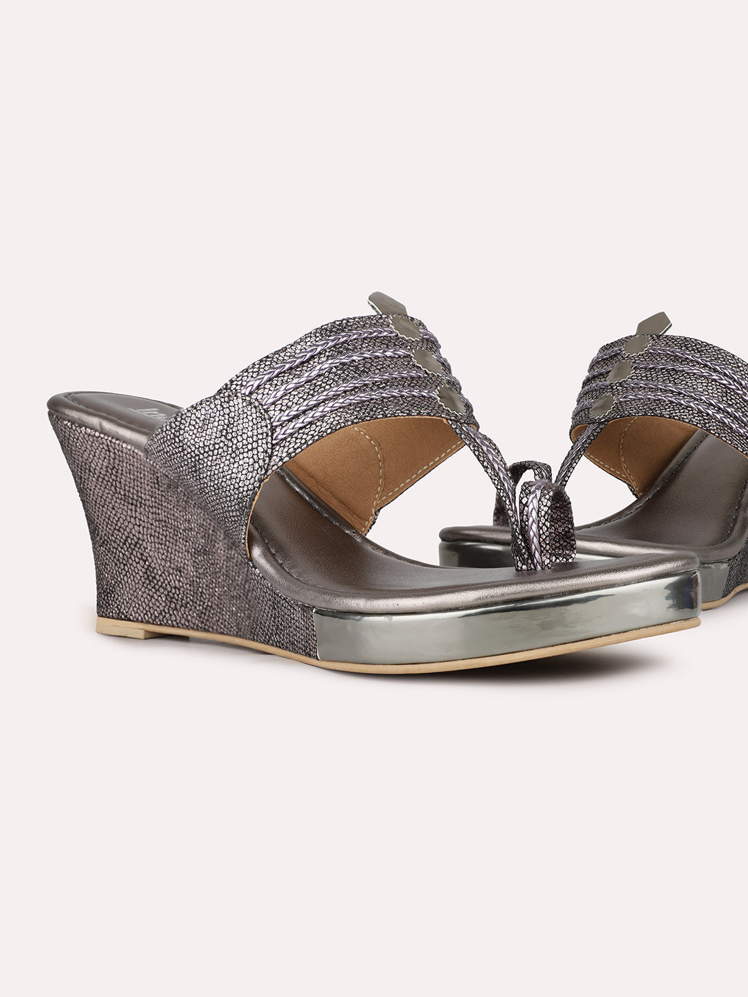 Women Pewter Ethnic Embellished Round Toe Wedge Heel Sandals