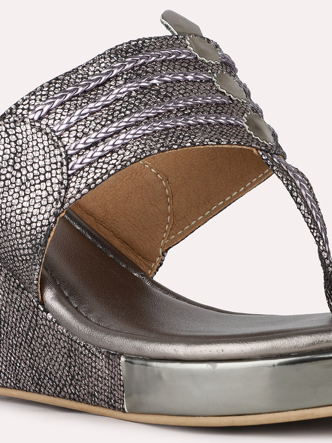Women Pewter Ethnic Embellished Round Toe Wedge Heels