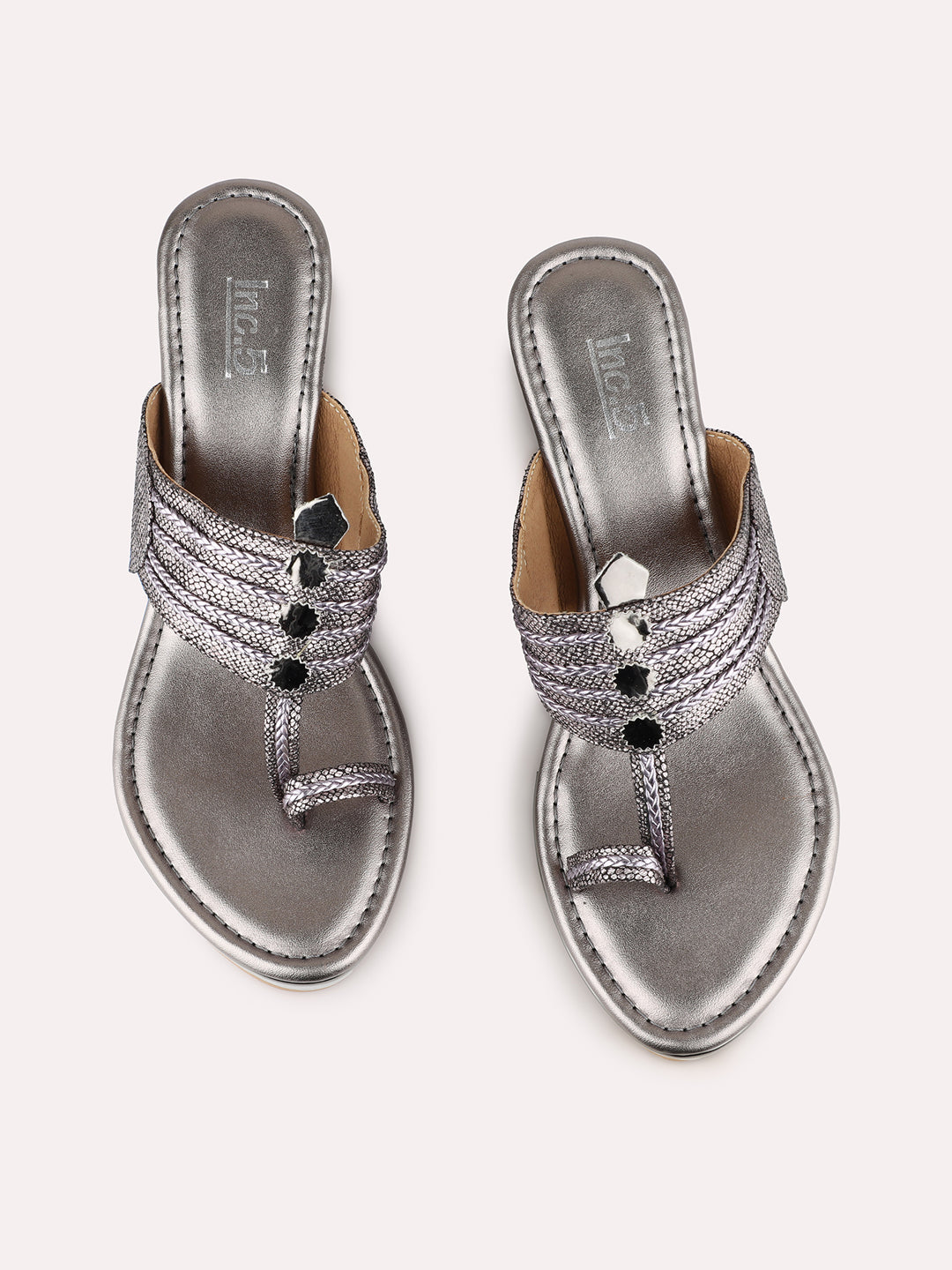 Women Pewter Ethnic Embellished Round Toe Wedge Heels