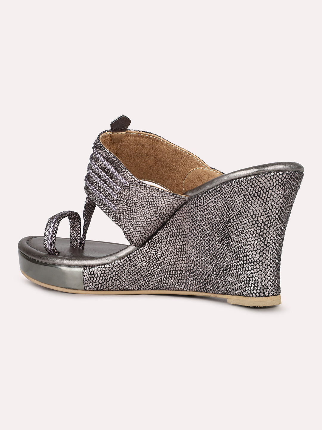 Women Pewter Ethnic Embellished Round Toe Wedge Heels