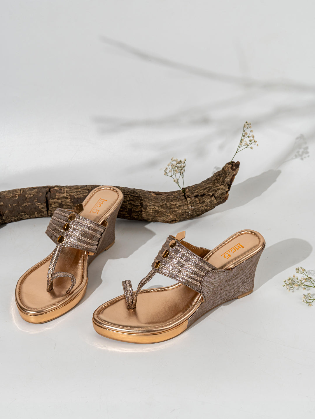 Women Rose Gold Ethnic Embellished Round Toe Wedges Sandals