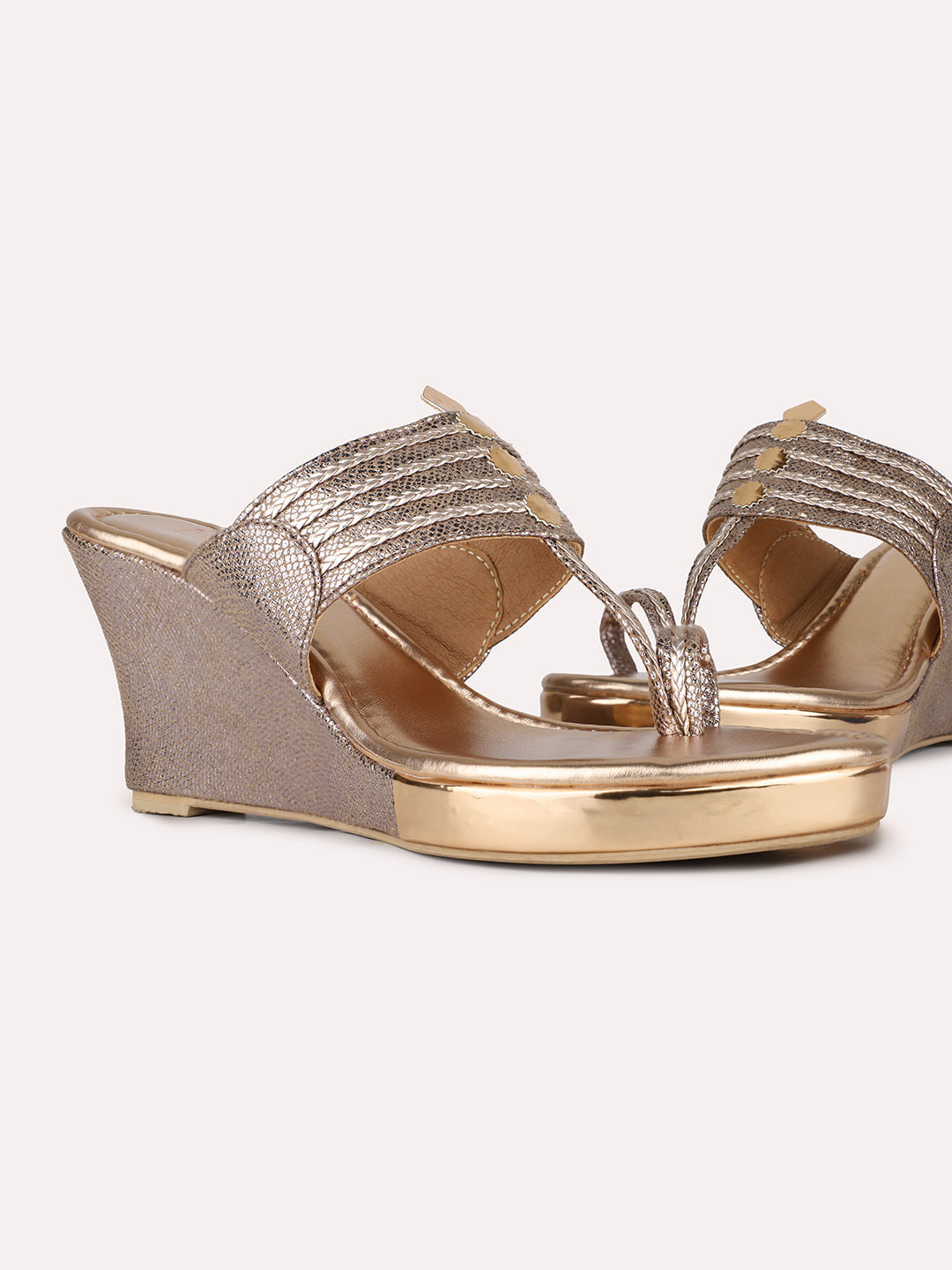 Women Rose Gold Ethnic Embellished Round Toe Wedges Sandals