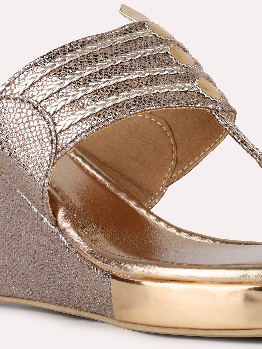 Womens Rose Gold Ethnic Embellished Round Toe Wedge Heels