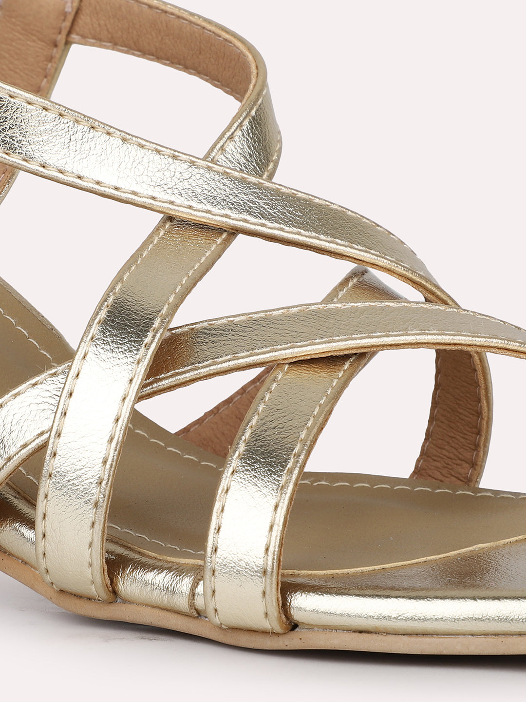 Women Gold Strappy Embellished Open Toe Block Heels With Backstrap