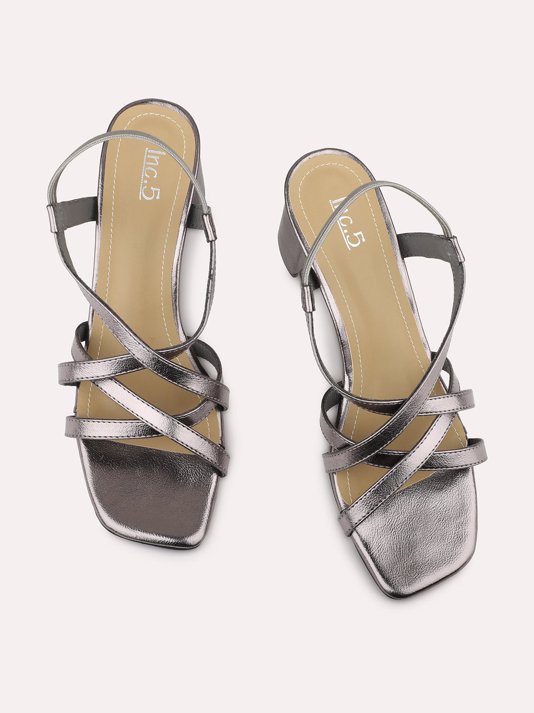 Women Pewter Strappy Embellished Open Toe Block Heels With Backstrap