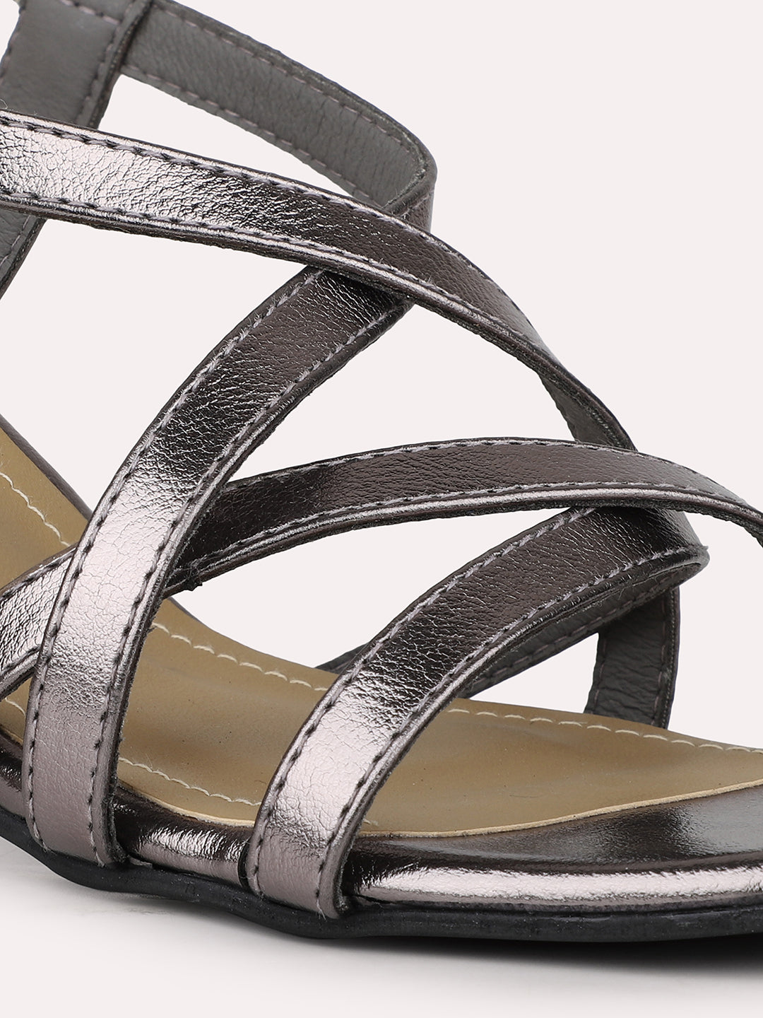 Women Pewter Strappy Embellished Open Toe Block Heels With Backstrap