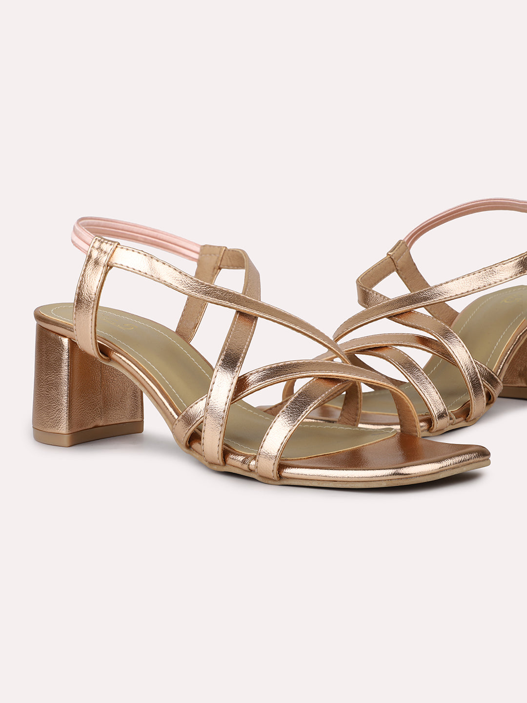 Women Rose Gold Strappy Embellished Open Toe Block Heels With Backstrap