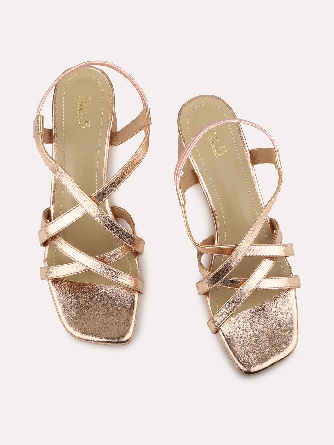 Women Rose Gold Strappy Embellished Open Toe Block Heels With Backstrap