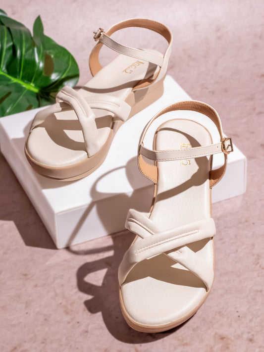 Womens Cream Casual Open toe Flatform Heel Sandals