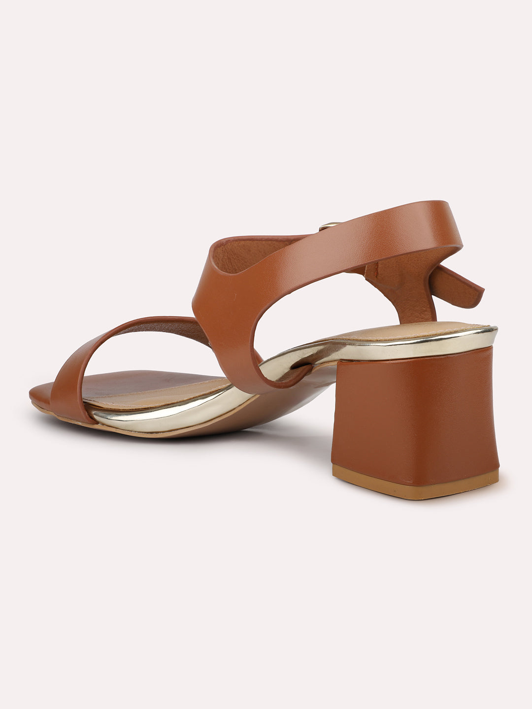 Women Tan Open Toe Block Heels With Buckles