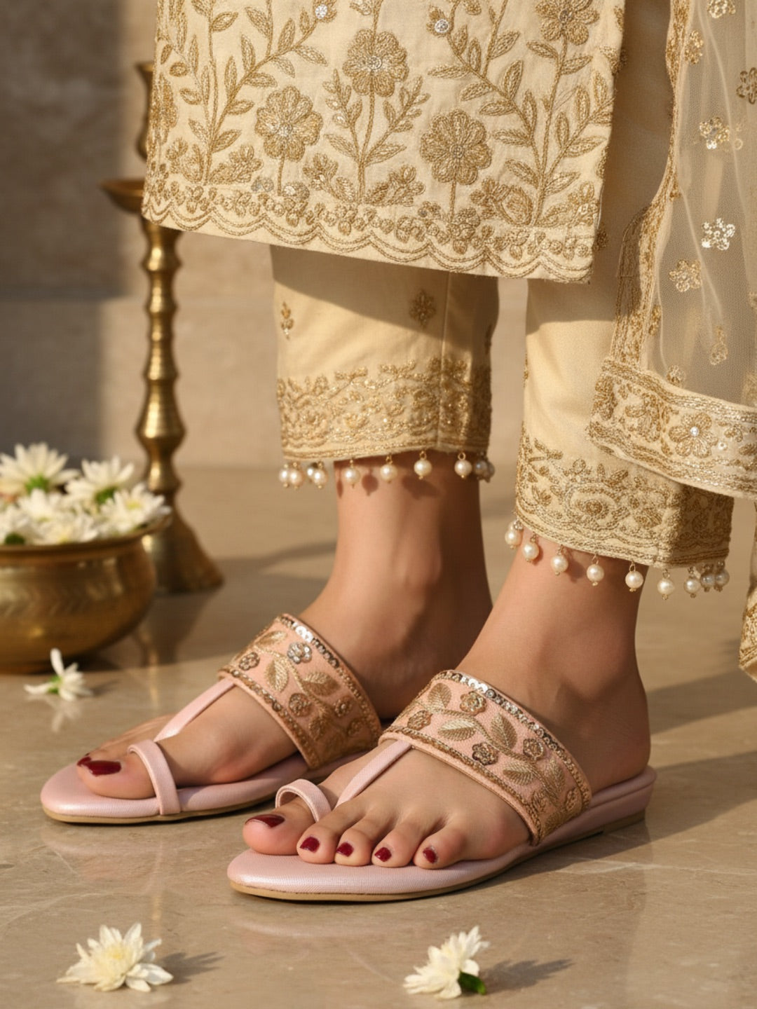 Womens Rose Gold Ethnic Embellished Round Toe Casual Flats