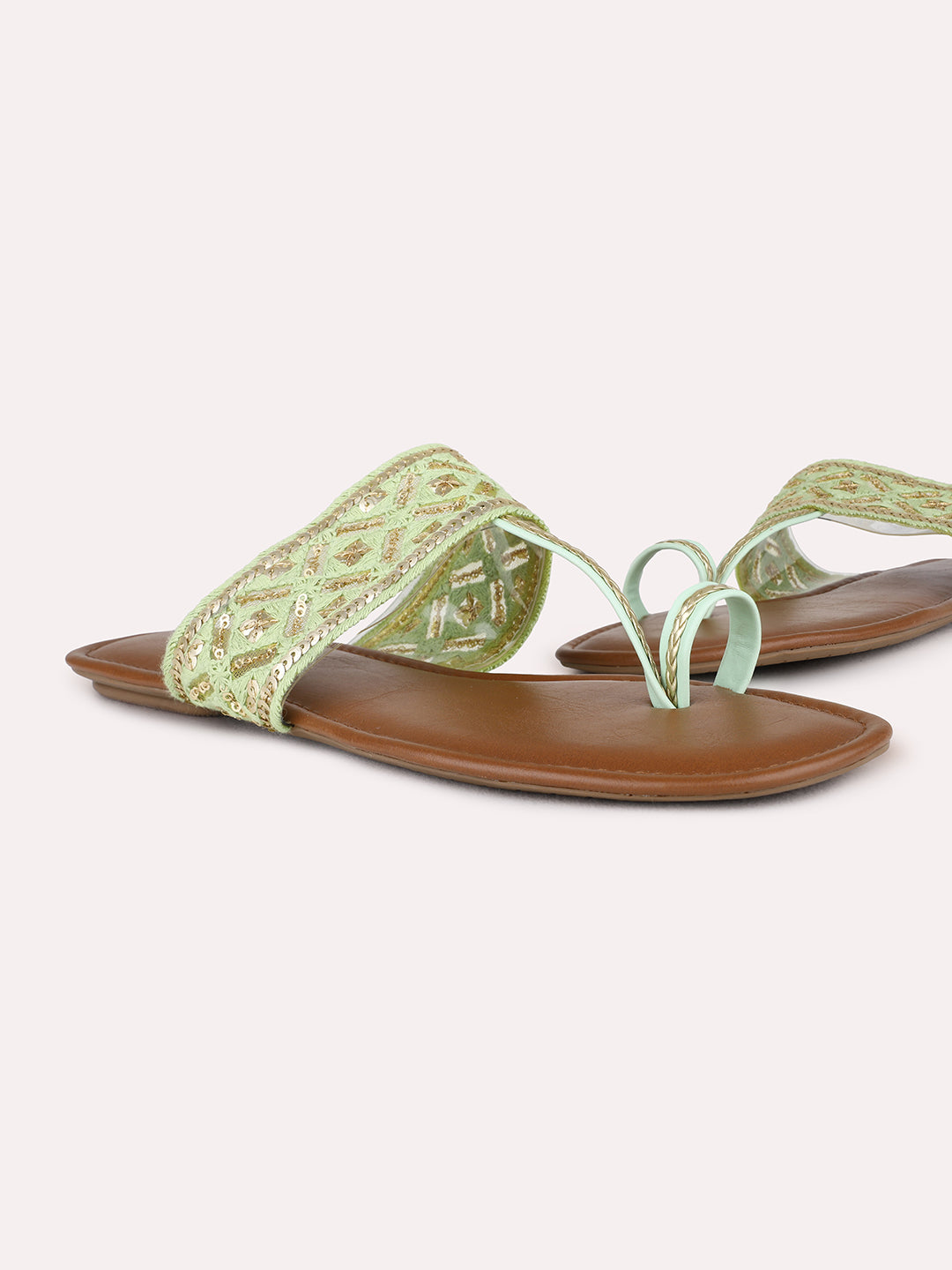 Womens Green Ethnic Embellished T-Strap Flat Slip-On Sandals