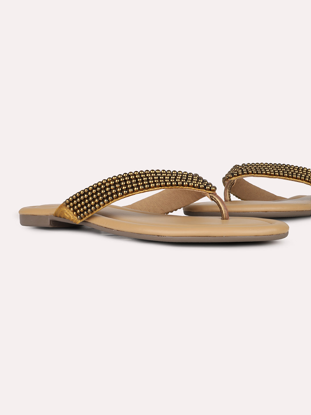 Women Golden Party Wear Embellished T-Strap Slip-On Flat Sandals