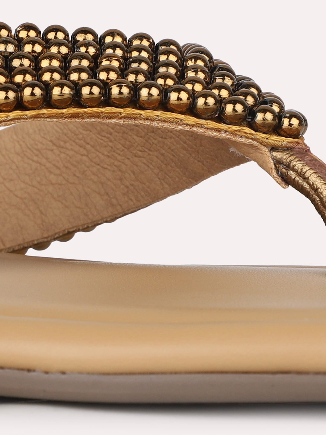 Women Golden Party Wear Embellished T-Strap Slip-On Flat Sandals