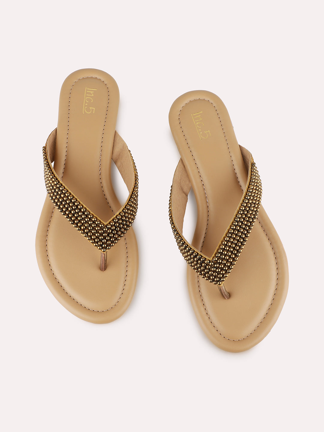 Women Golden Party Wear Embellished T-Strap Slip-On Flat Sandals