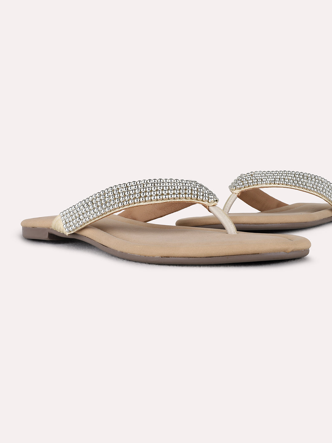 Womens Golden Ethnic Embellished T-Strap Flat Slip-On Sandals