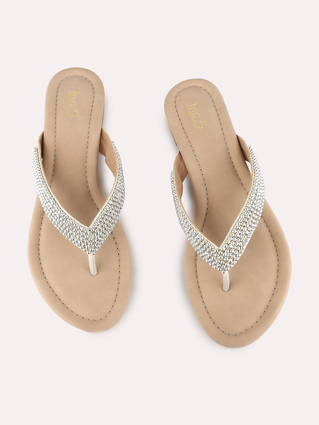 Womens Golden Ethnic Embellished T-Strap Flat Slip-On Sandals