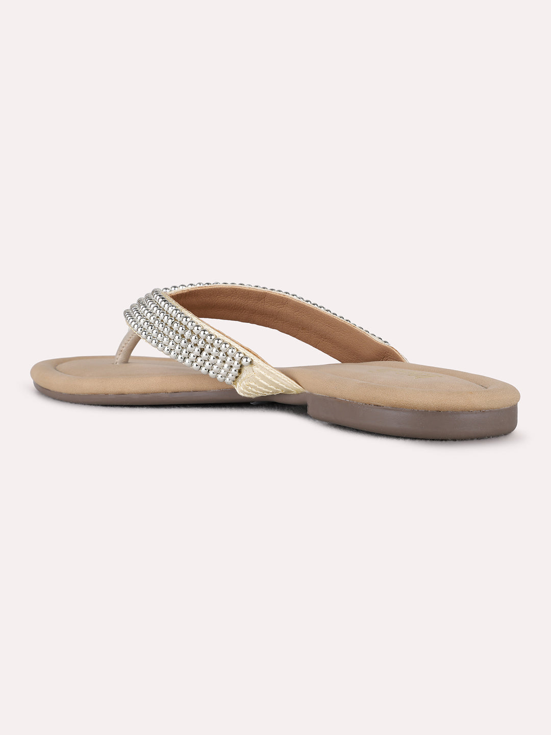 Womens Golden Ethnic Embellished T-Strap Flat Slip-On Sandals