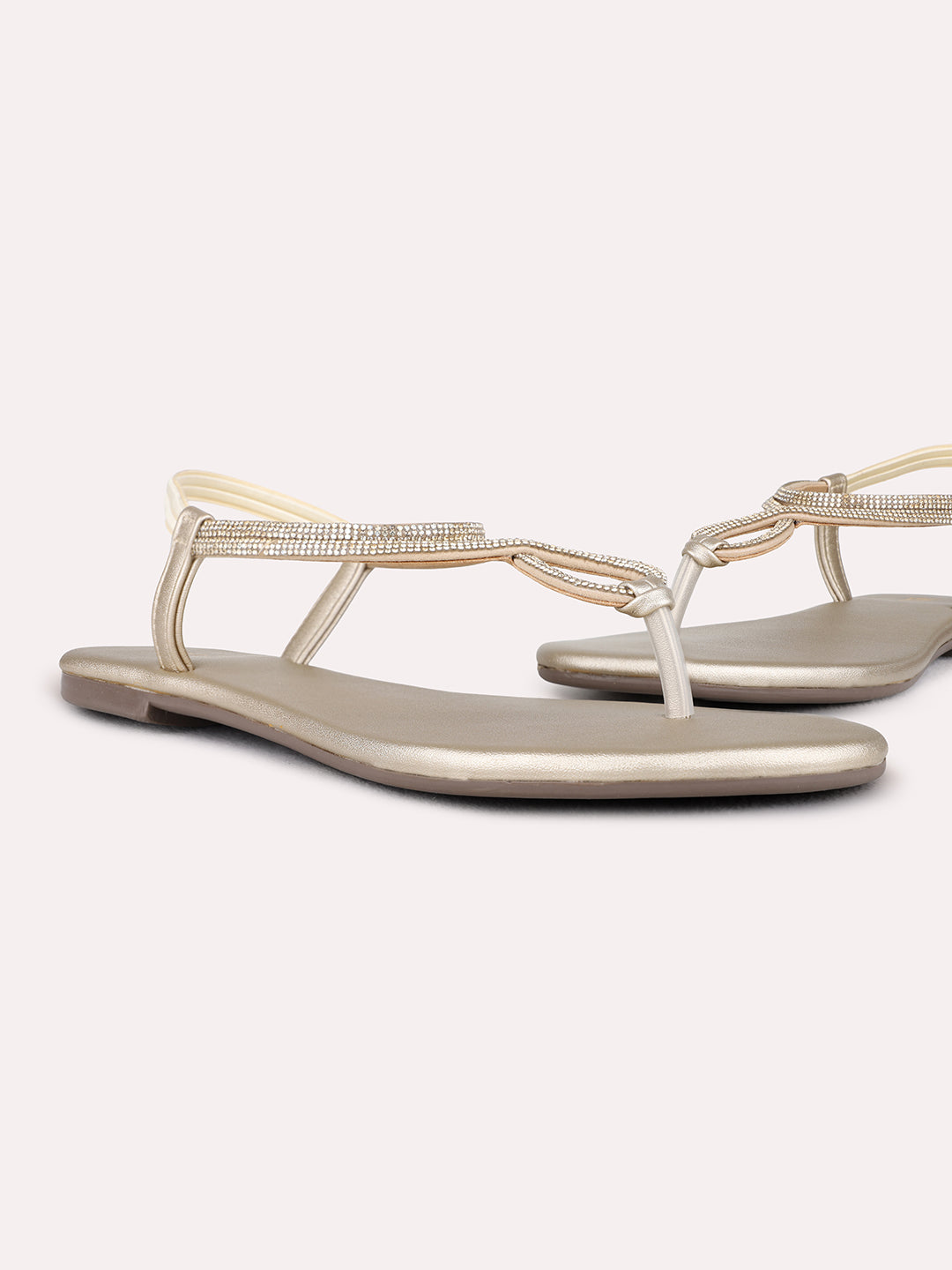 Womens Golden Solid Casual T-Strap Flat Sandals