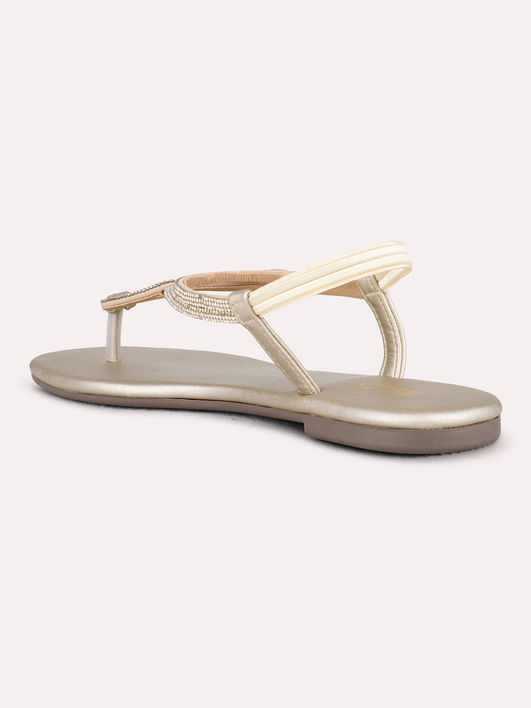 Womens Golden Solid Casual T-Strap Flat Sandals