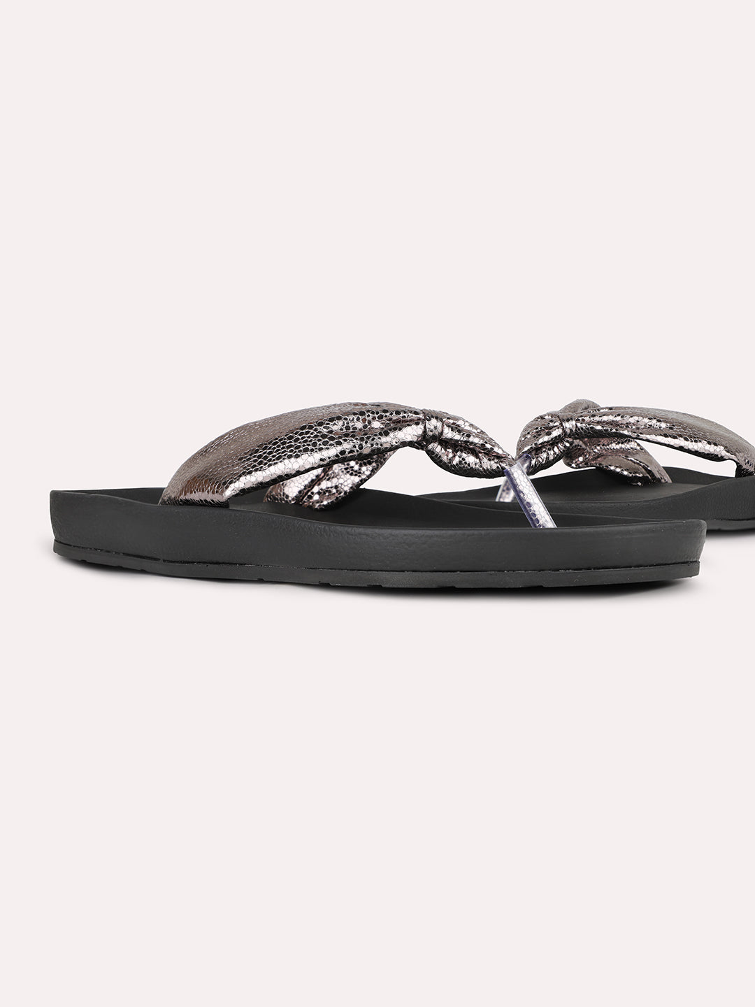 Women Pewter Party Wear Solid T-Strap Slip-On Flat Sandals