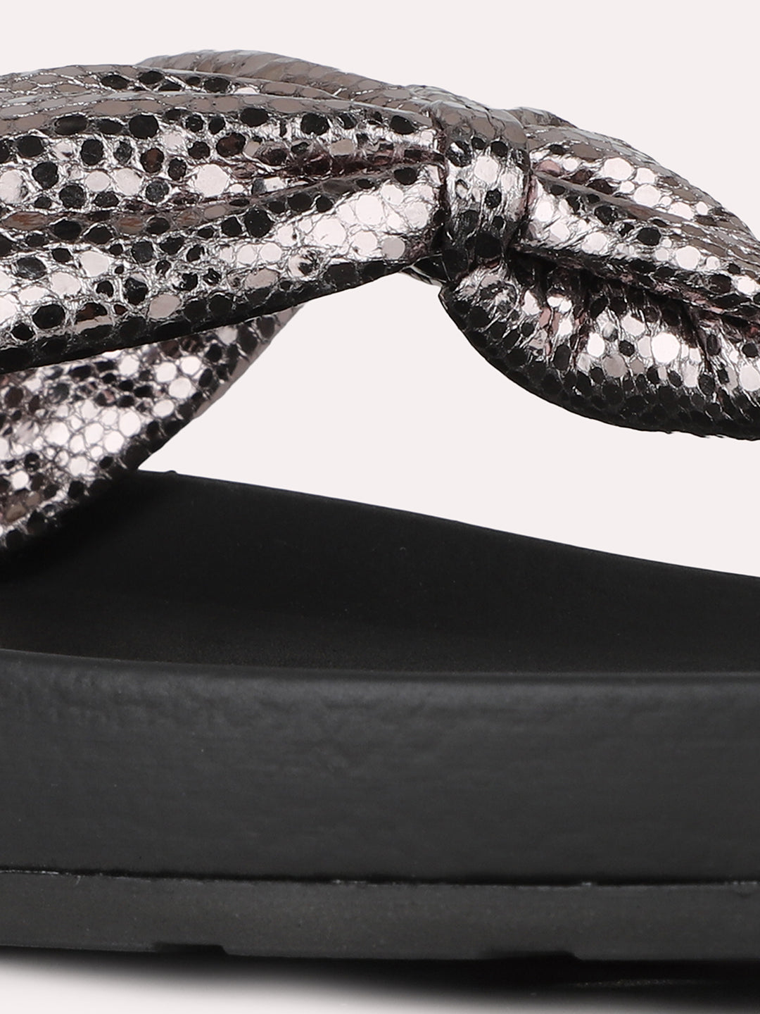 Women Pewter Party Wear Solid T-Strap Slip-On Flat Sandals