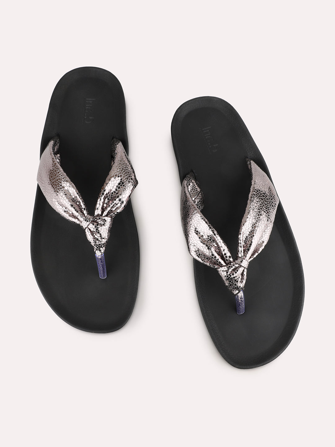 Women Pewter Party Wear Solid T-Strap Slip-On Flat Sandals