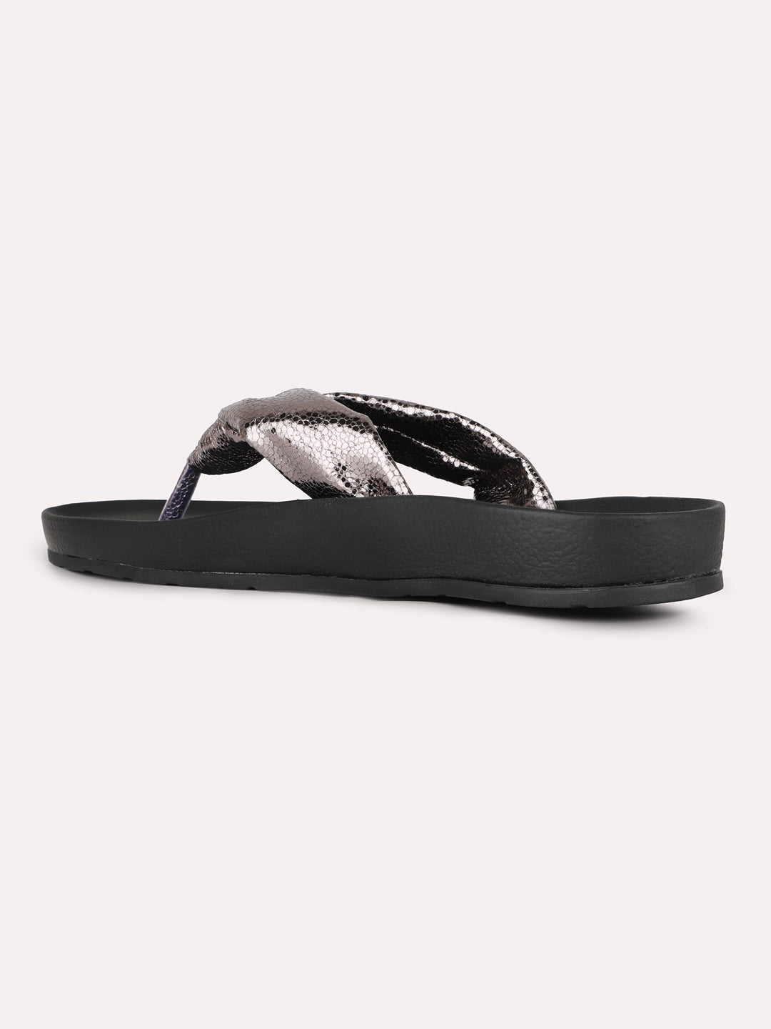 Womens Pewter Casual Solid T-Strap Flat Slip-Ons