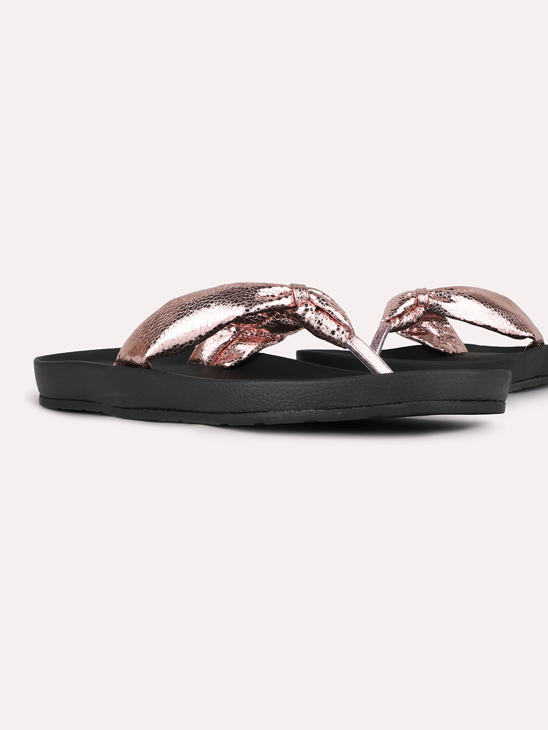 Women Rose Gold Casual Solid T-Strap Flats Slip-On Sandals