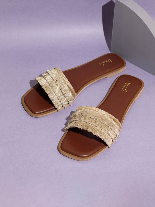 Womens Golden Casual Embellished Open Toe Flat Slip-Ons