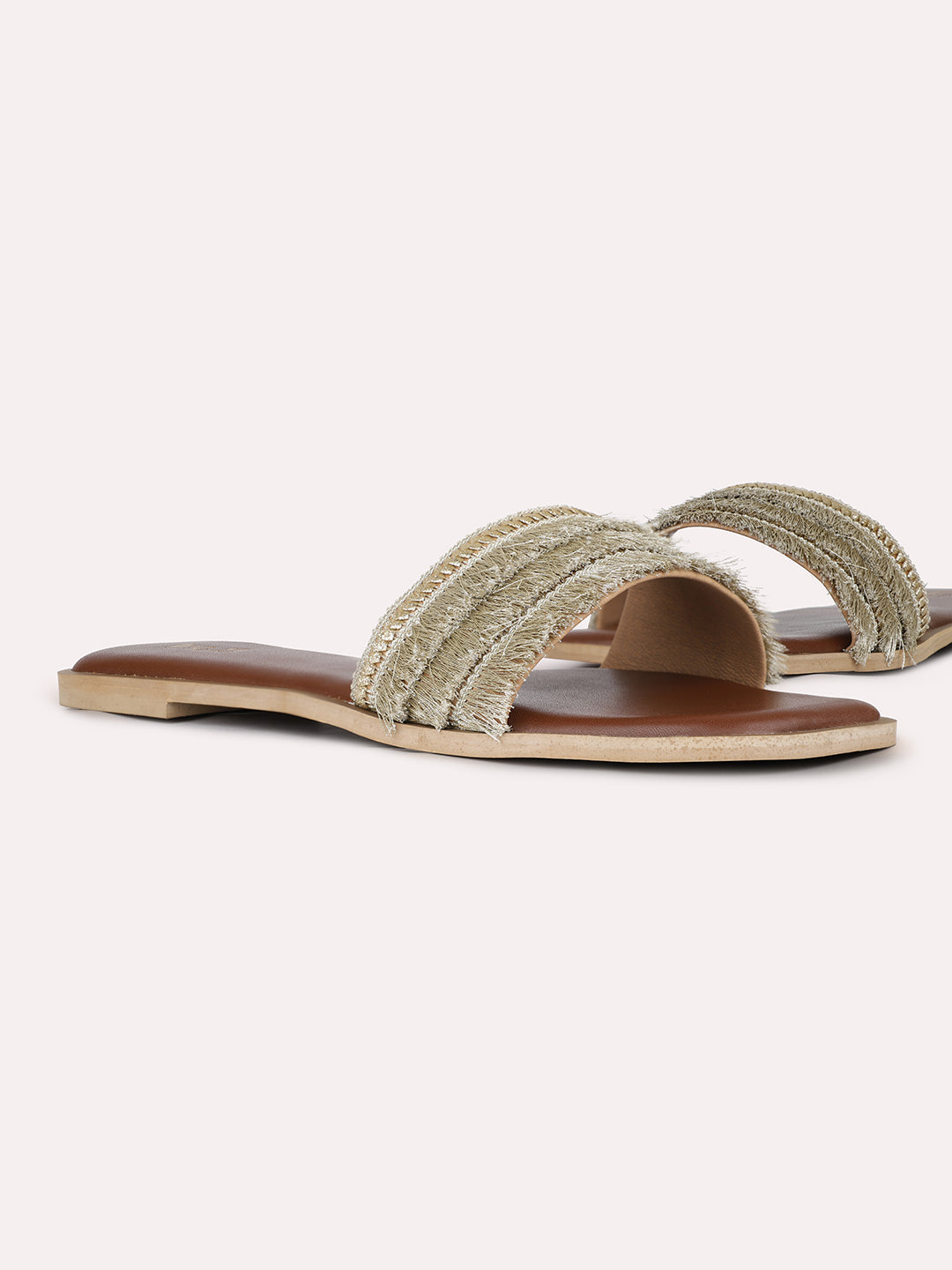 Womens Golden Casual Embellished Open Toe Flat Slip-Ons