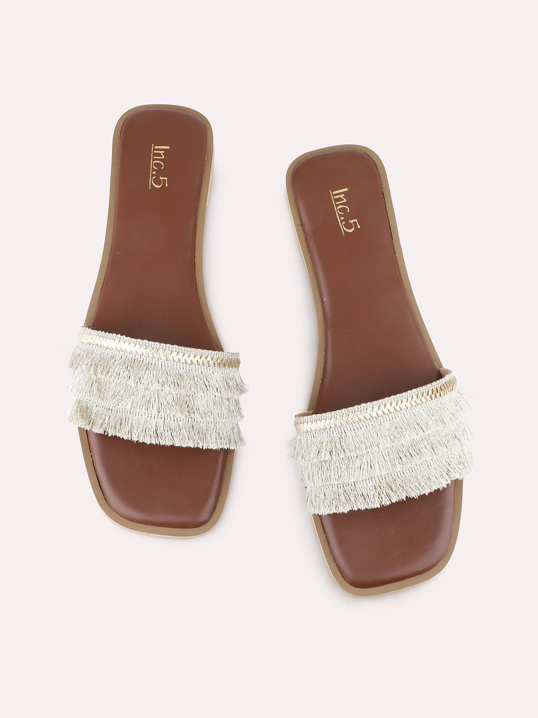 Womens Golden Casual Embellished Open Toe Flat Slip-Ons
