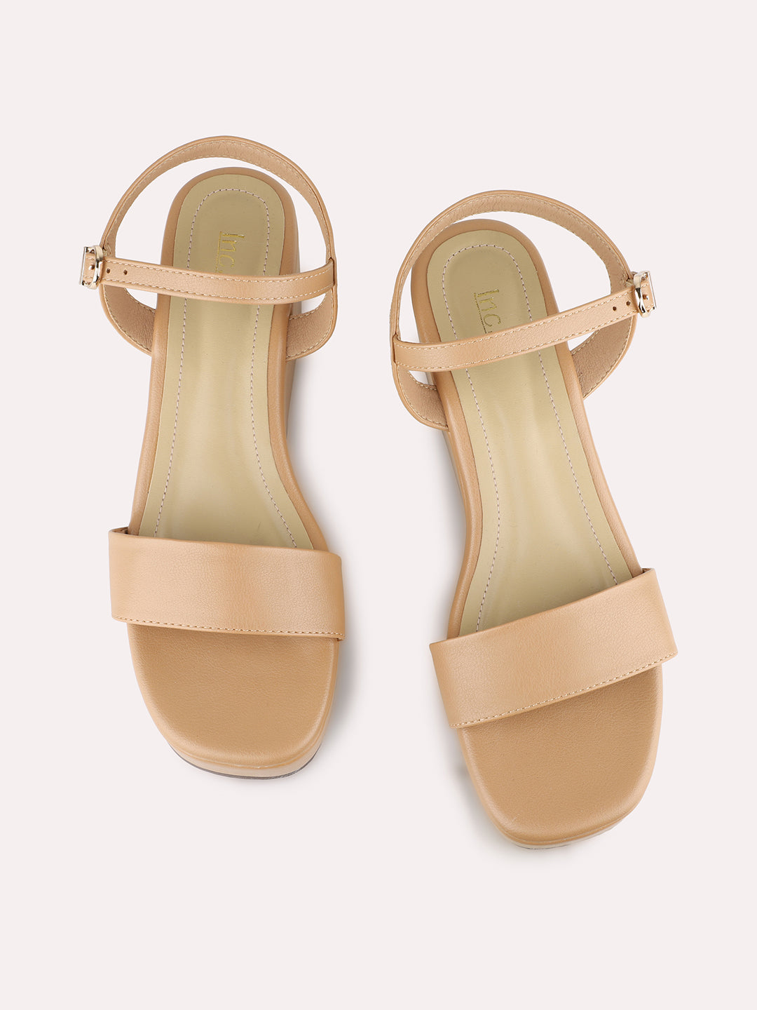 Women Beige Party Wear Solid Round Toe Wedge Heel Sandals