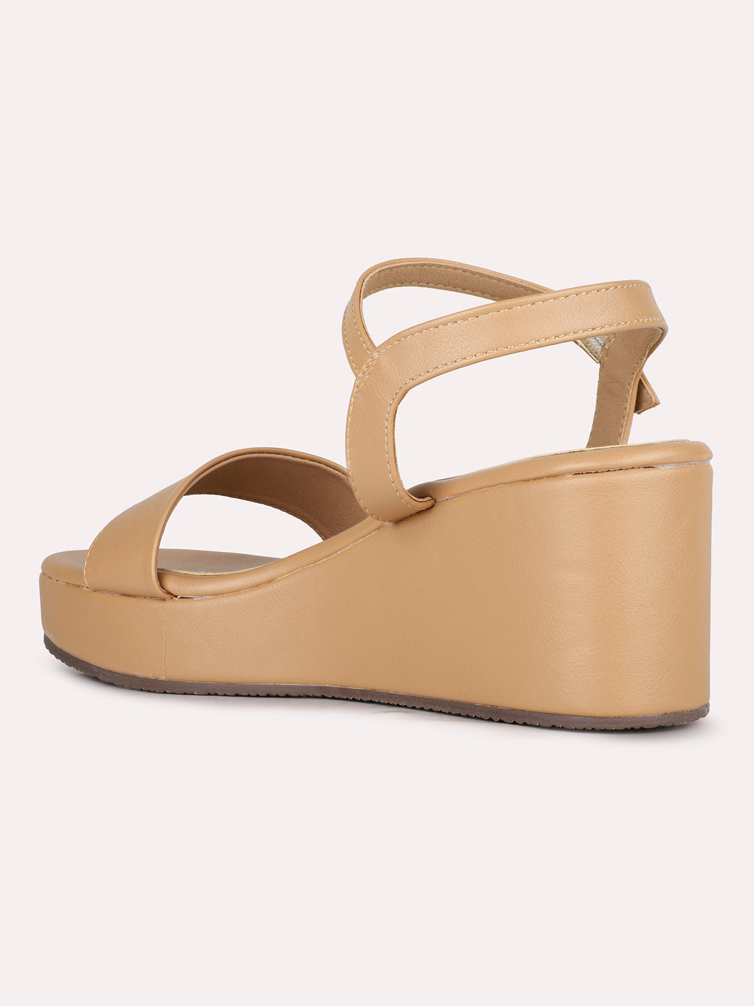 Women Beige Party Wear Solid Round Toe Wedge Heel Sandals
