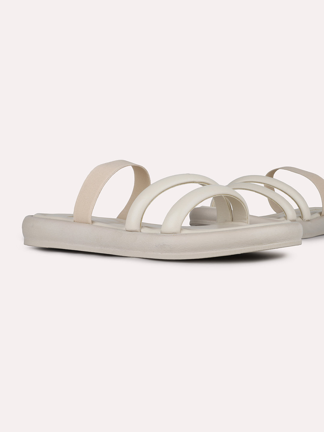 Women Cream Casual Solid Pattern Open Toe Slip-On Flat Sandals